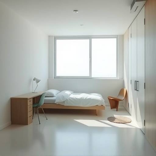 Celda moderna con una cama, un escritorio, una silla y una ventana más grande.